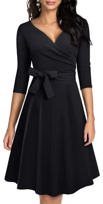 Image de Robe cocktail rétro style swing - Décolleté en V avec étole - Noire