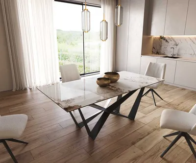 Produktbild von DELIFE Esstisch Edge 200x100 Keramik Minas Melange Weiß-Beige Spider Flachstahl Schwarz