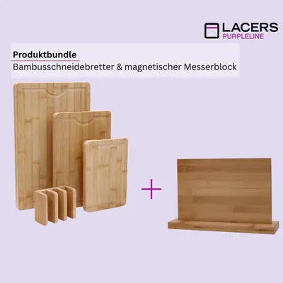 Produktbild von Lacers PurpleLine - Bundle - Holzschneidebrett 4-teilig aus Bambus mit Saftrille & rutschfesten Füßen & Magnetischer Messerblock aus Bambus
