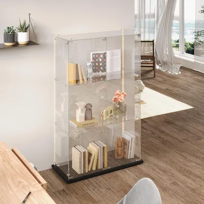 Zdjęcie produktu dla UnboxG Szklana gablota z oświetleniem LED - Przezroczysta gablota z 3 poziomami, 30,9x35x123,3 cm, nowoczesny design do salonu, biura lub kolekcji