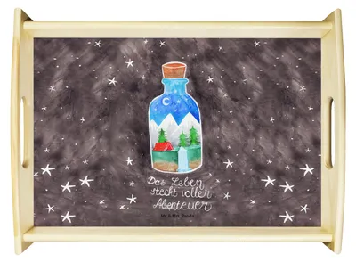 Produktbild von Mr. & Mrs. Panda tablett zum servieren Flasche Abenteuer - Geschenk, serviertablett holz, sofatablett, betttablett, Holztablett, Dekoration