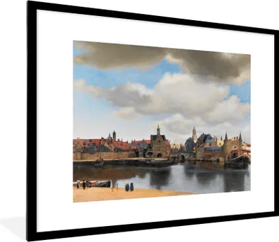 Produktbild von MuchoWow® Gerahmtes Poster Vermeer - Stadt - Alte Meister - Kunst 80x60 cm - Poster mit Schwarzem Bilderrahmen Wandposter Rahmen Foto Bilder - Schlafzimmer-Dekorationen - Fotoposter