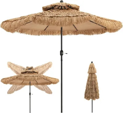 A beige straw umbrella with fringe detail is shown in multiple views against a white background.