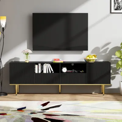 Produktbild von CDGlobal Moderner TV-Schrank, Weiss Sideboard Lowboard 165x36x55 cm mit 2 Türen und offenen Regalen, Fernsehtisch mit 2 Stauraum Schubladen, TV-Tisch TV-Ständer für Schlafzimmer Wohnmöbel Wohnzimmer