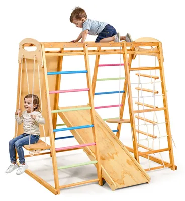Produktbild von Kinder Klettergerüst Indoor Holz - 9-in-1 Montessori Spielplatz Set - Belastbar bis 113 kg - Mit Rutsche & Schaukel - Mit Leitern & Kletternetz - Für Wohnung & Kinderzimmer