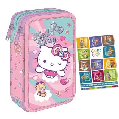 Produktbild von Federmäppchen 3 Fächer - Mäppchen für Mädchen - Federmappe 3-Fach Federtasche Gefüllte Schüleretui Schulmäppchen und Hausaufgabenheft - Hello Kitty
