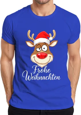 Produktbild von Frohe Weihnachten Rentier Rudolph Weihnachtsmütze Lustig Cartoon Herren T-Shirt, Blau, L