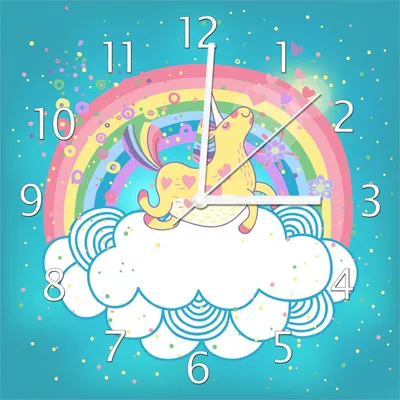 Produktbild von Wallario Design Wanduhr Lustiges Einhorn auf einer Wolke vor Regenbogen aus Echtglas, Größe 30 x 30 cm