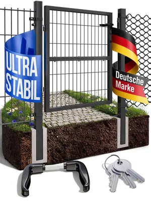 Produktbild von Gartentor Tor für Gartenzaun Zaun 100 cm hoch Gartentür aus Metall für Stabmattenzaun Abschließbar inkl. Pfosten Anthrazit V2Aox