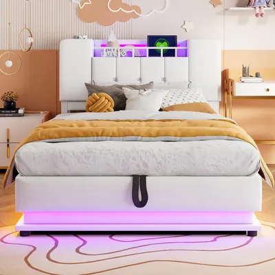 Produktbild von Smartes Polsterbett für Kinder, 90 x 200 cm, mit LED-Beleuchtung, USB-Anschluss und hydraulischem Stauraum, weichem Samtbezug, Metallrahmen, Beige