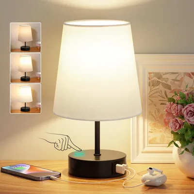 Produktbild von 1 Stück Nachttischlampe Touch Dimmbar mit USB A+C Ladefunktion, Tischlampe mit Leinenschirm LED Birne Schlafzimmer Büro