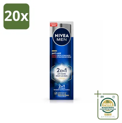 Imagen del producto de 20 unidades de crema facial NIVEA MEN Anti-Edad 2 en 1, con protección solar SPF 30, hidratante, 50 ml. Pack ahorro