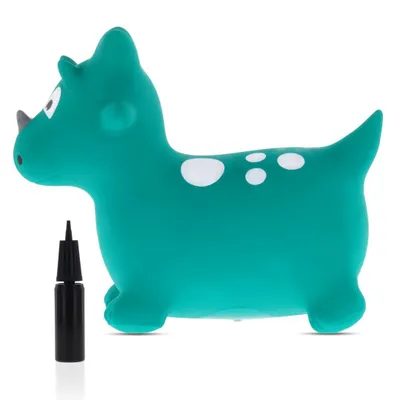 A green inflatable dinosaur toy with white spots and a black hand pump are shown against a white background.