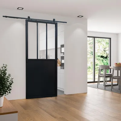 Produktbild von inova Loft-Glasschiebetür 900 x 2150 mm, Klarglas, Stahlrahmen Schwarz, Komplettset mit offener Laufschiene, Softclose beidseitig