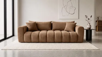 Zdjęcie produktu dla Sofa z funkcją spania i pojemnikiem, tkanina welurowa Bluvel, Latte, COSMOPOLITAN