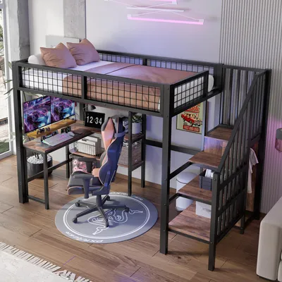 Produktbild von okwish Hochbett 90x200cm mit Rausfallschutz, Etagenbett Stockbett mit Tisch und Regalen, Metallbett Kinderbett Bettgestell mit Lattenrost, Schwarz