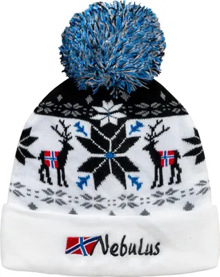 A knitted winter hat with a pom-pom and a Norwegian-inspired pattern.