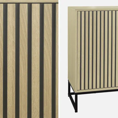 A close-up view of a wooden sideboard with vertical black slats and a full view of the sideboard on a white background.
