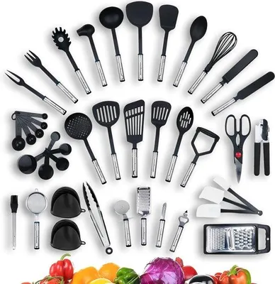 Produktbild von Unyqoos® TDO 40‑teiliges Küchenhelfer-Set – Edelstahl & Nylon, hitzebeständig, Germany, inkl. Spatel, Löffel, Zangen, Messbecher, Schneebesen