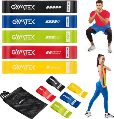Produktbild von Gymtek® Theraband Set - 5 Stück, 0.5-30 kg - Fitnessbänder, Resistance Bands, Widerstandsbänder, Gymnastikband - Yoga, Pilates, Krafttraining, Fitness