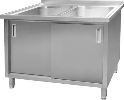 Zdjęcie produktu dla Gastronomiczny zlewozmywak ze stali nierdzewnej dwukomorowy przyścienny spawany z szafką Mega-M 120x70x85 cm