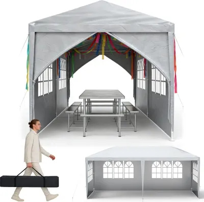 A collage of images showing a gray party tent with tables and benches inside, and a separate image of a white party tent. A person is also shown carrying a tent bag.