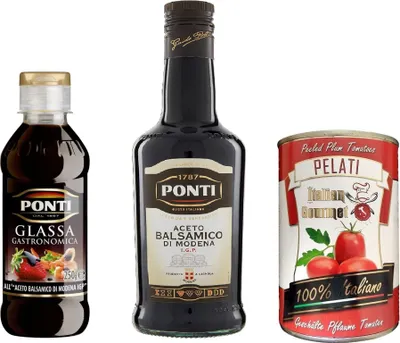 Produktbild von Ponti Aceto Balsamico di Modena IGP 1x 500 ml + Creme Aceto Balsamico di Modena x 200 ml + 1x Italian Gourmet 100% italienische geschälte Tomaten 400g