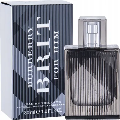 A bottle of Burberry Brit for Him eau de toilette and its packaging are displayed against a white background.