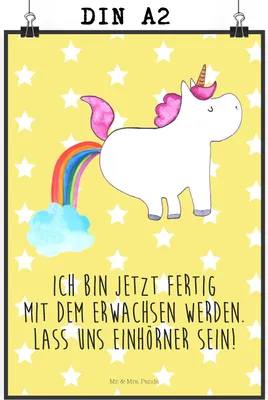 Produktbild von Mr. & Mrs. Panda Bild Einhorn Pupsen DIN A2 - Gelb Pastell - Geschenk, Deko, wanddeko, Regenbogen, Unicorn, typografie poster, Kunstdruck, Freundin, Lustig, Plakat, Pups