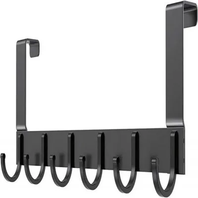 Image de Crochets de porte en aluminium, sans perçage, pour chambre, salle de bain et toilettes – Avec 6 crochets – Noir – 40 cm