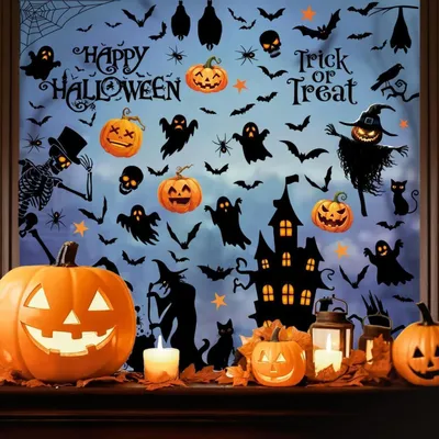 Obrázok produktu pre Halloween nálepky na okná, opakovateľné, 9 listov, PVC, obojstranné
