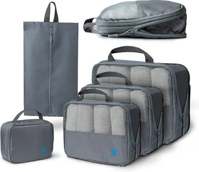 Produktbild von Unyqoos® 5‑teiliges Kompressions‑Packwürfel‑Set mit Schuhbeutel – Reise‑Organizer aus wasserabweisendem Polyester, L 42×32×13 cm, M 34×28×12 cm, S 28×16×8 cm, Schuhbeutel 45×26 cm