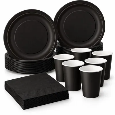 Produktbild von Party Deko Set Schwarz Einweggeschirr für 16 Personen Teller, Becher, Servietten