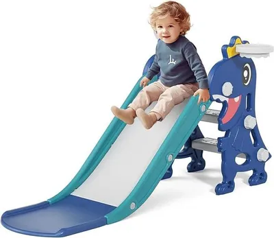 Zdjęcie produktu dla Zjeżdzalnia Dla Dzieci Do Domu I Ogrodu Z Koszykówką Niebieska
