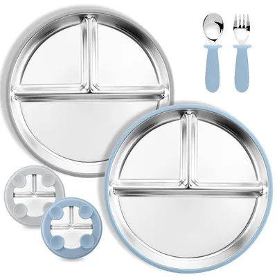 Produktbild von ytiky 2 Stück Edelstahl-Baby-Saugnapfteller & 1er-Pack Löffel und Gabeln, Silikon Babyteller Rutschfest, Baby-Fütterungsset, Babyteller Mit Saugnapf, BPA-frei Und Spülmaschinenfest