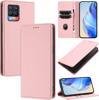 Produktbild von Litchi Leder Handyhülle für Realme 8 Pro/Realme 8 4G Wallet Kartenfächer Standfunktion Hülle Pink
