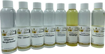 Produktbild von Saunaaufguss 8 x 250ml: Allgäuer Bergkräuter, Birke-Zitrone, Englische Pfefferminze, Eukalyptus, Mallorcinische Latschenkiefer, Portugiesische Orange, Saunamedizin und Tunesisches Lemongras