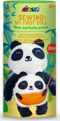 A sewing kit for making panda dolls, presented in a cylindrical package with bamboo graphics.