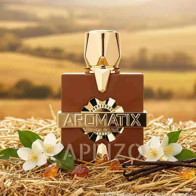 A perfume bottle is displayed on a bed of straw with flowers and vanilla beans, set against a blurred background of a field.