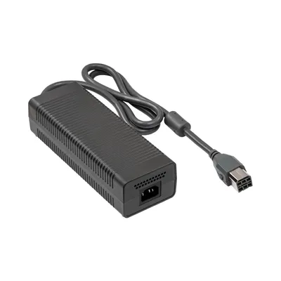 A black Xbox 360 power supply unit with its cable and connector.