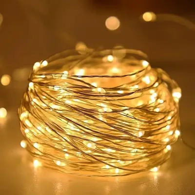 A close-up shot of a coiled string of warm white LED lights.