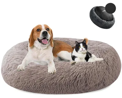 Obrázok produktu pre Posteľ pre psa, tvar donut, plyšová, umývateľná, mäkká, béžová/hnedá, priemer 120 cm