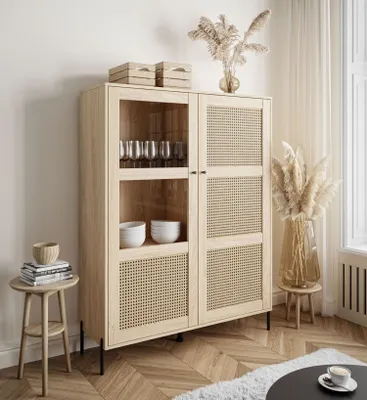 Produktbild von VIENNA 3D breite Vitrine mit Wiener Geflecht, Puccini Eiche + Wiener Geflechtdruck, gerade Metallbeine