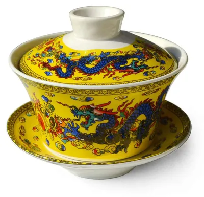 Gaiwan-Set 200 ml, Porzellan, Drachenmuster, Gelb, 3-teilig