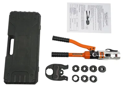 Obrázek produktu pro Hydraulické krimpovací nástroj - lisovací kleště 10T - 7 lisovacích čelistí V12–V28 - pro měděné trubky - s ochranou proti úniku oleje - s transportním kufrem - oranžová barva