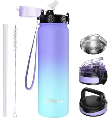 Obrázek produktu pro Termoska 1 litr s brčkem, nerezová ocel, nepropouští, bez BPA, fialová a modrá