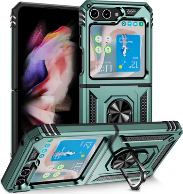 Produktbild von Hülle für Samsung Galaxy Z Flip 5 Dual Layer Militäre Fallschutz Schutzhülle mit Ringhalterung Ständer Grün