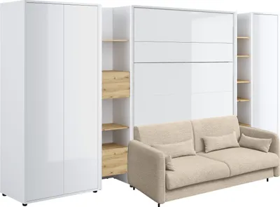 Produktbild von Schrankbett mit sofa Bed Concept 140x200 cm Lenart Led Beleuchtung Taschenfederkernmatratze Bett im Schrank Klapbett Weiß/Weiß Hochglanz/Beige