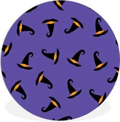 Produktbild von MuchoWow® Rundes Wandbild - Runde Bilder Halloween-Muster mit schwarzen Hexenhüten Ø 30 cm Kreis Wanddekoration Kunststoff - Wandkreis - Wandschmuck - Schlafzimmer - Bilder - Der Kreis - Kunst für die Wohnung - Plastik - Kunstdruck - Wandbild