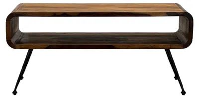 Produktbild von Retro Couchtisch aus Sheesham Massivholz 100cm · Rechteckiger Wohnzimmertisch mit Ablagefach · Handgefertigter Sofatisch aus Holz mit Metallbeinen im Industrial Design